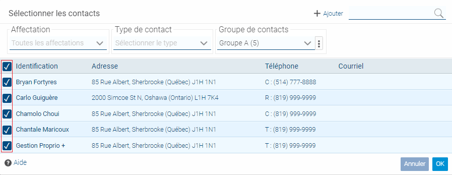 selection contact groupe